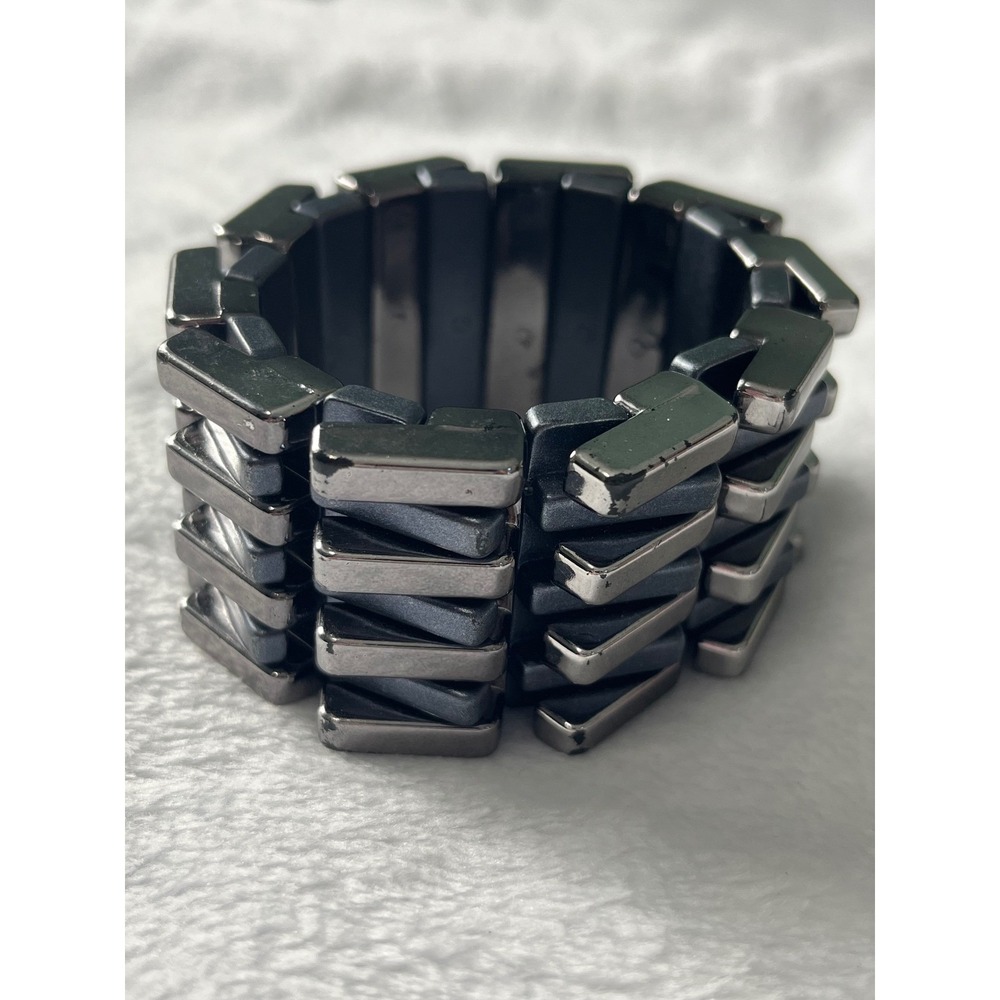 Gunmetal Matte Grey Stacked Rectangular Bar Link Stretch Statement Cuff Bracelet